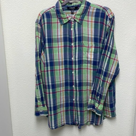 Chaps Women’s 2X Gauze Cotton Blue Lime Pink Button Up Plaid Shirt - Picture 1 of 7